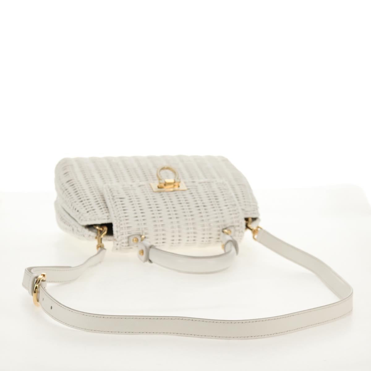 Salvatore Ferragamo Gancini Hand Bag Rattan 2way White Gold Auth 150815V