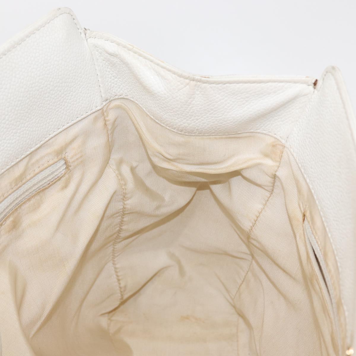 CHANEL COCO Mark Hand Bag Caviar Skin White Gold CC Auth 150819