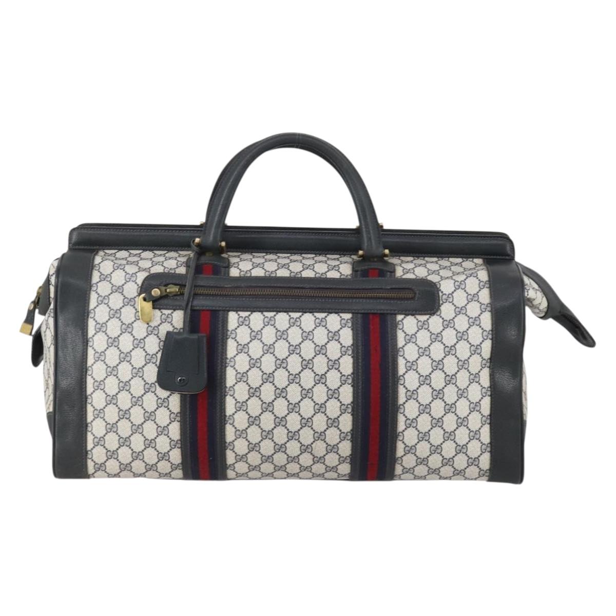 GUCCI GG Supreme Sherry Line Boston Bag PVC Navy Gold Auth 150841