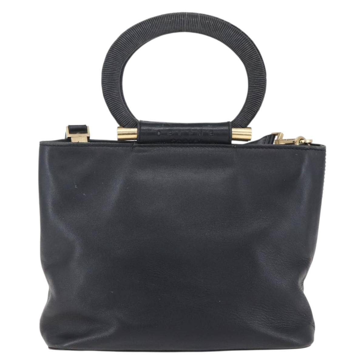 CELINE Hand Bag Leather 2way Black Gold Auth 150847