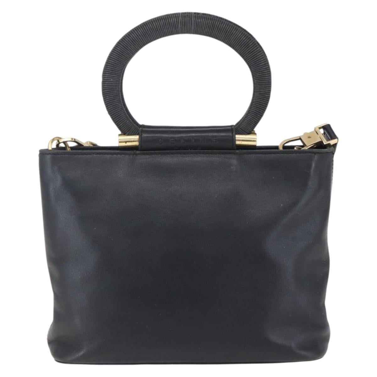 CELINE Hand Bag Leather 2way Black Gold Auth 150847