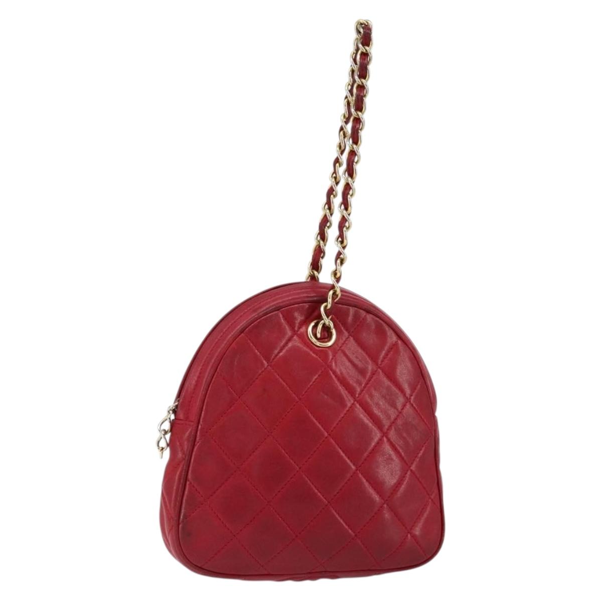 CHANEL Matelasse Chain Hand Bag Lamb Skin Red Gold CC Auth 150849