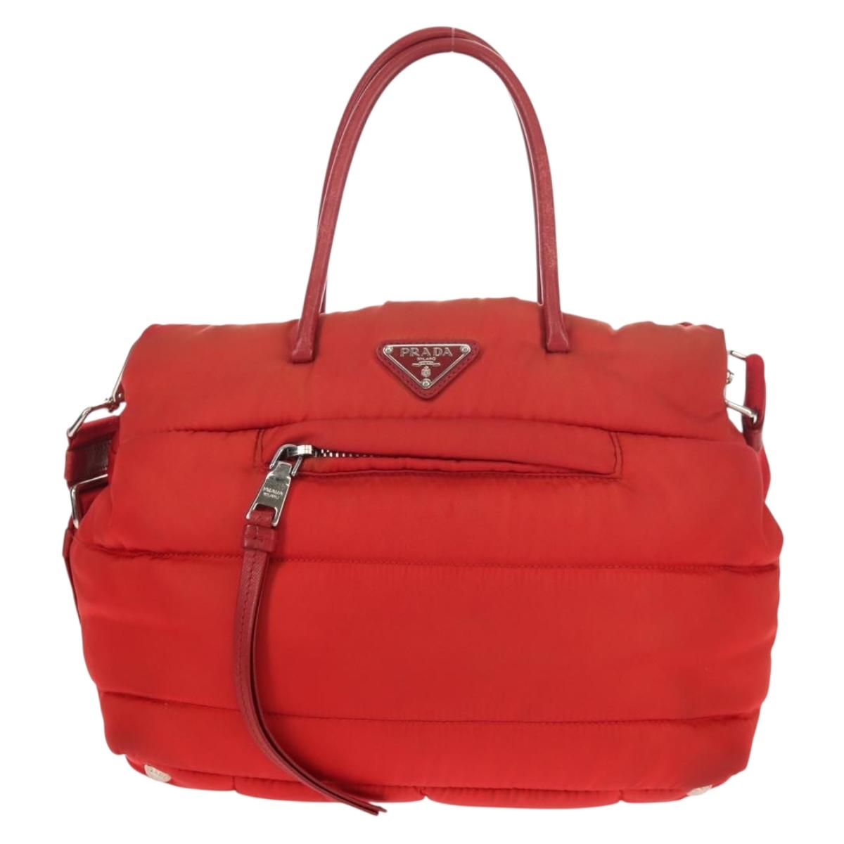 PRADA Hand Bag Nylon 2way Red Silver Auth 150850