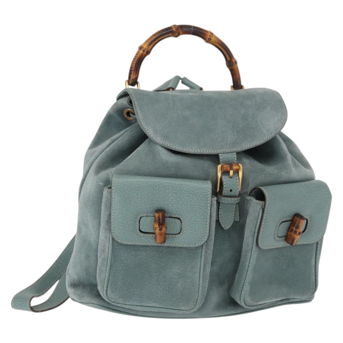 GUCCI Bamboo Backpack Suede Turquoise Blue Gold 003 2058 0016 Auth 150871