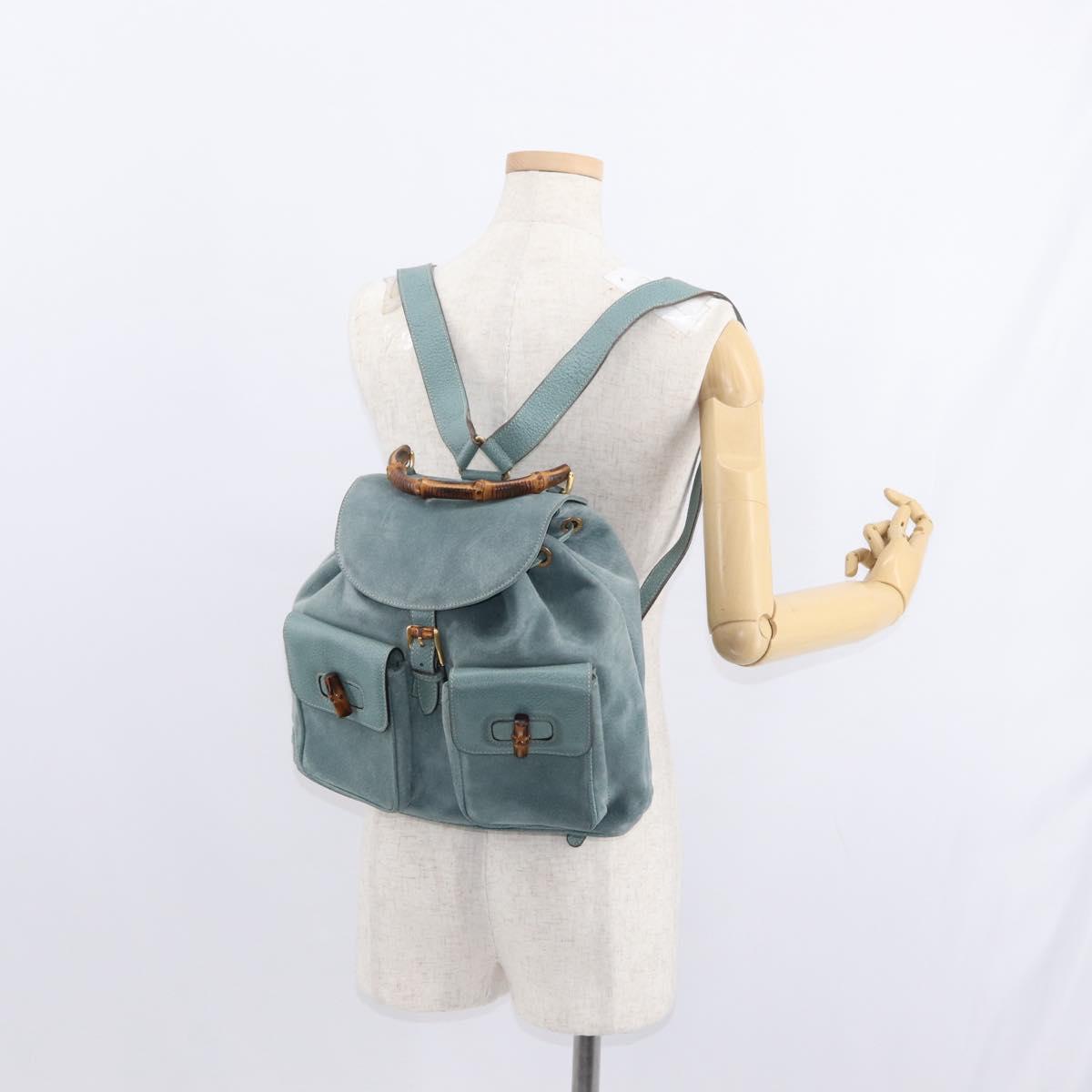 GUCCI Bamboo Backpack Suede Turquoise Blue Gold 003 2058 0016 Auth 150871