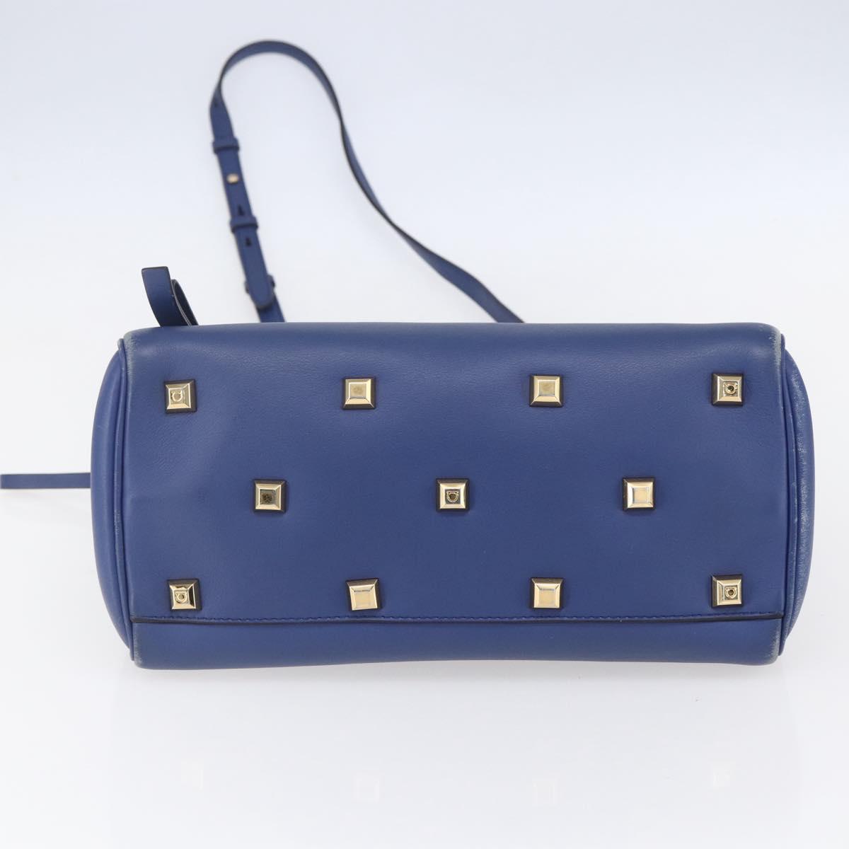 Salvatore Ferragamo Gancini Hand Bag Leather 2way Blue Gold Auth 150875