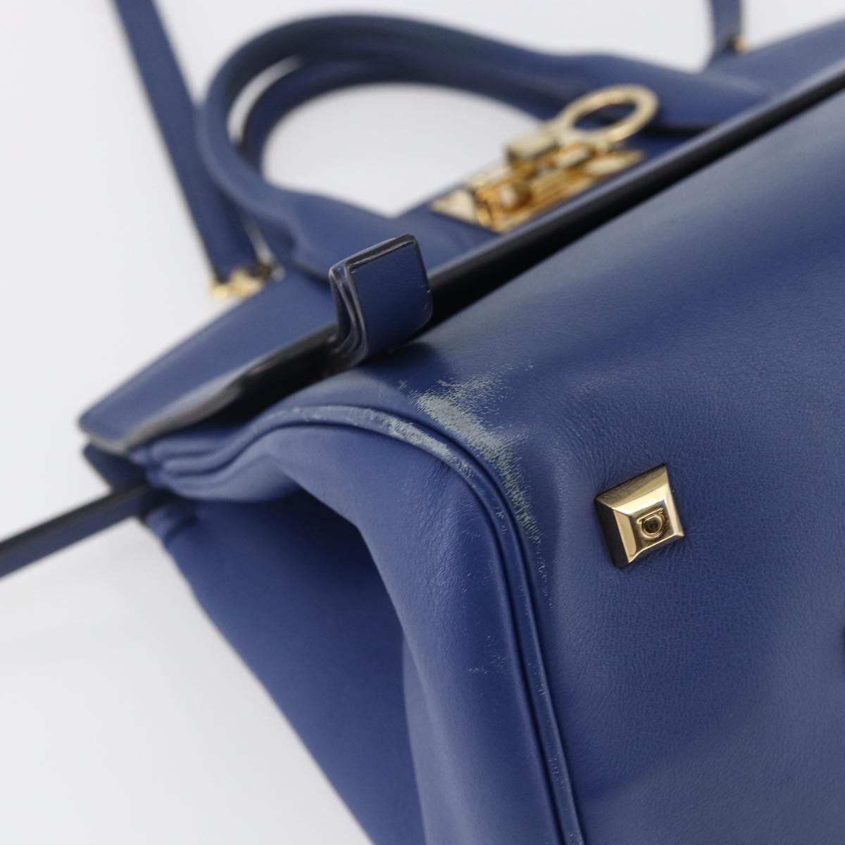 Salvatore Ferragamo Gancini Hand Bag Leather 2way Blue Gold Auth 150875