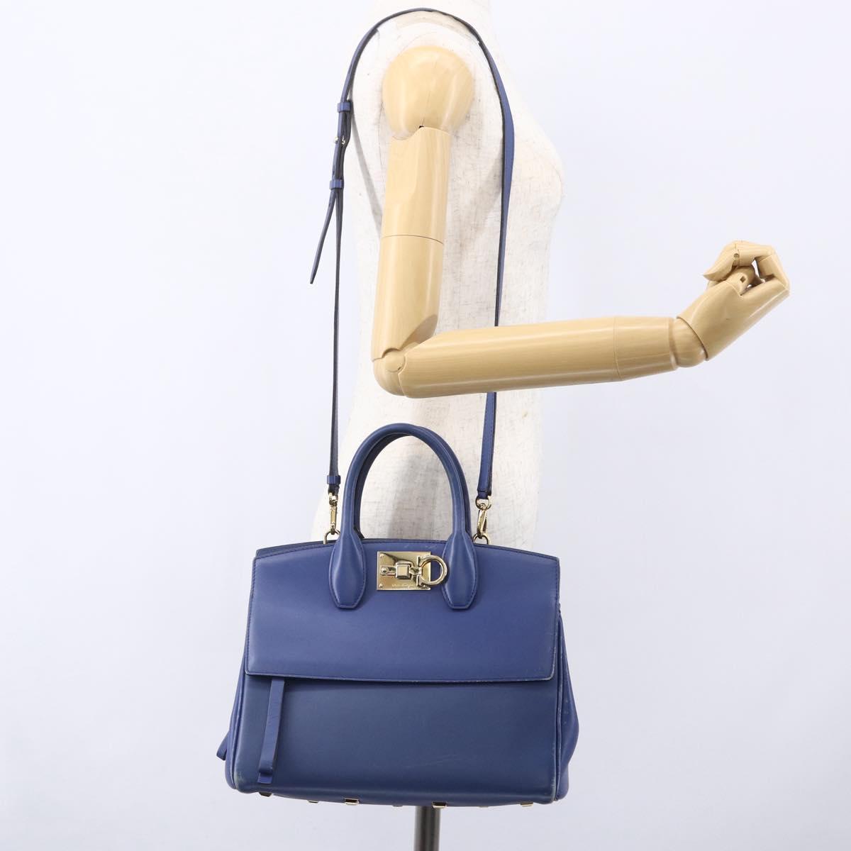 Salvatore Ferragamo Gancini Hand Bag Leather 2way Blue Gold Auth 150875