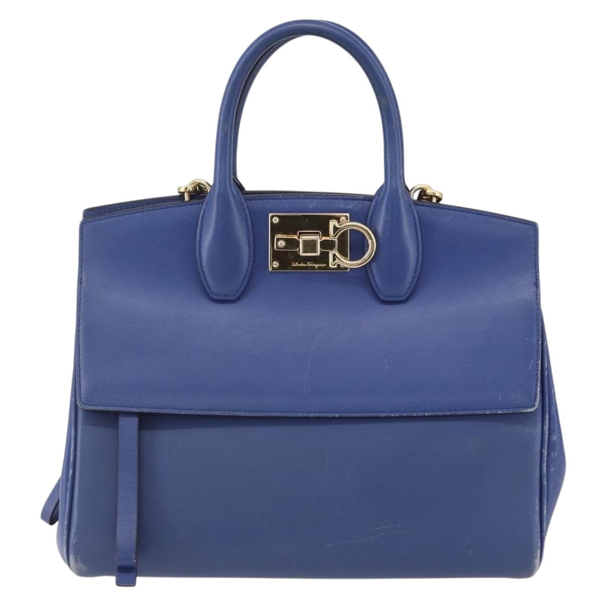 Salvatore Ferragamo Gancini Hand Bag Leather 2way Blue Gold Auth 150875