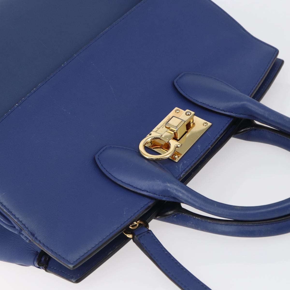 Salvatore Ferragamo Gancini Hand Bag Leather 2way Blue Gold Auth 150875