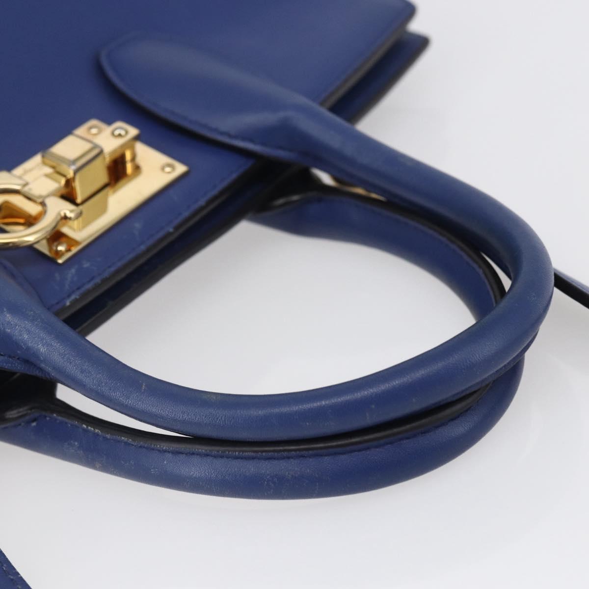 Salvatore Ferragamo Gancini Hand Bag Leather 2way Blue Gold Auth 150875