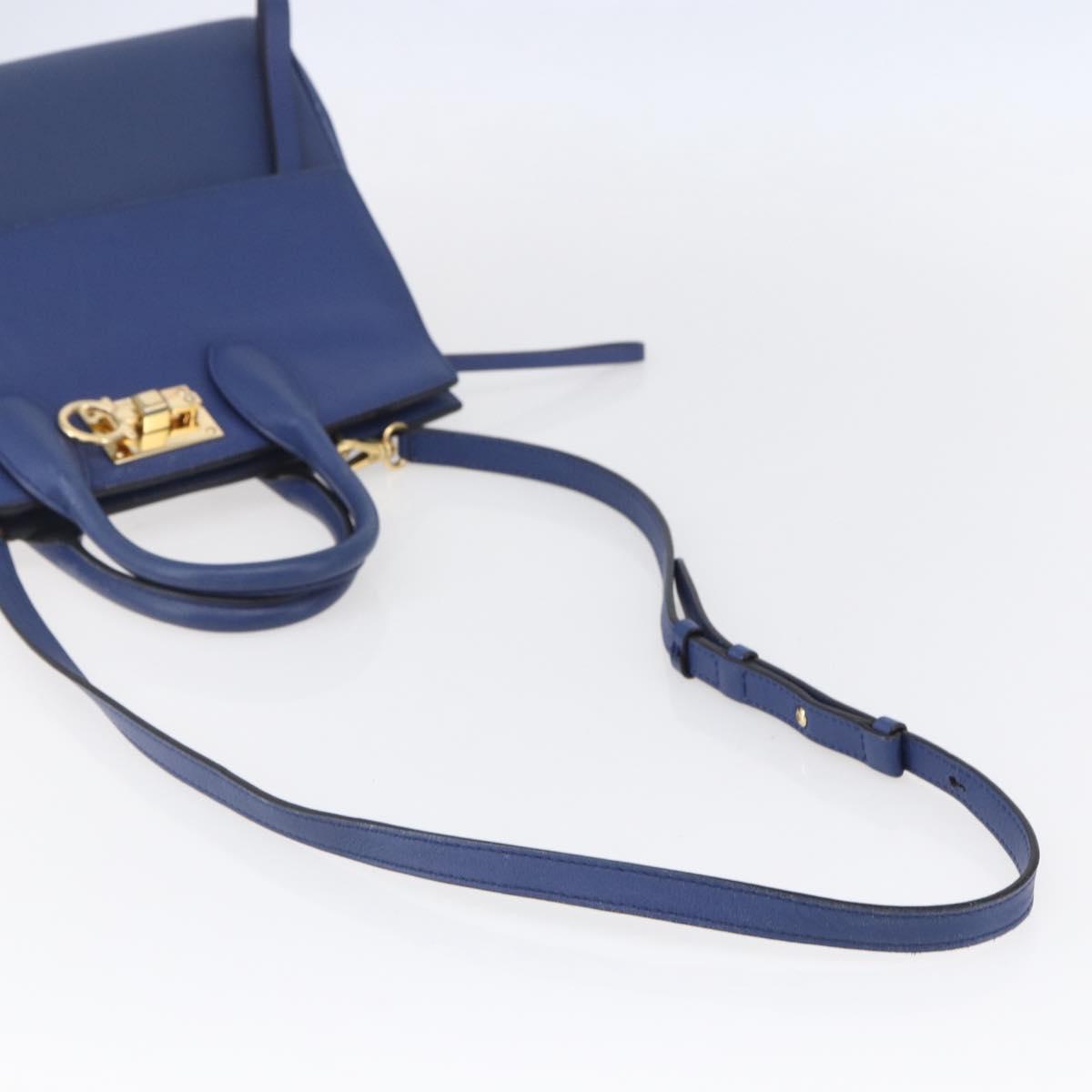 Salvatore Ferragamo Gancini Hand Bag Leather 2way Blue Gold Auth 150875