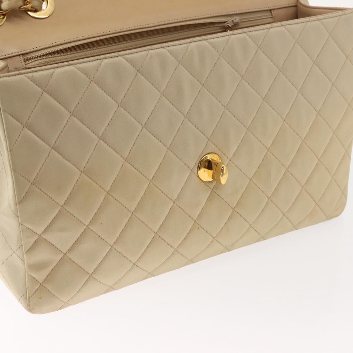 CHANEL Matelasse 34 Chain Shoulder Bag Satin Beige Gold CC Auth 150935