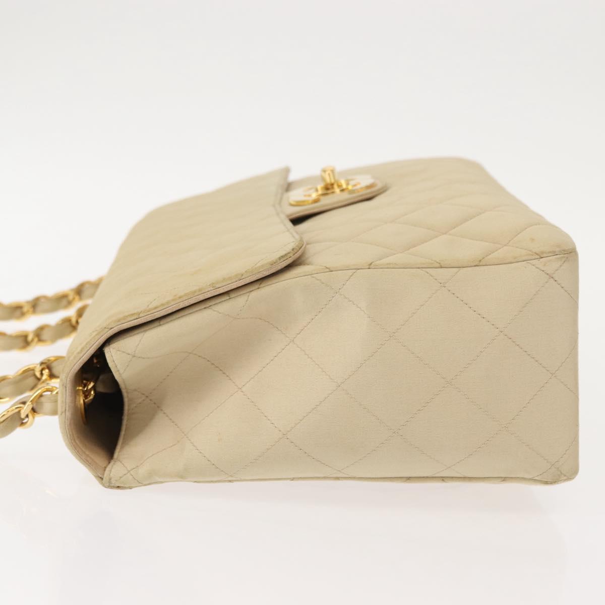 CHANEL Matelasse 34 Chain Shoulder Bag Satin Beige Gold CC Auth 150935