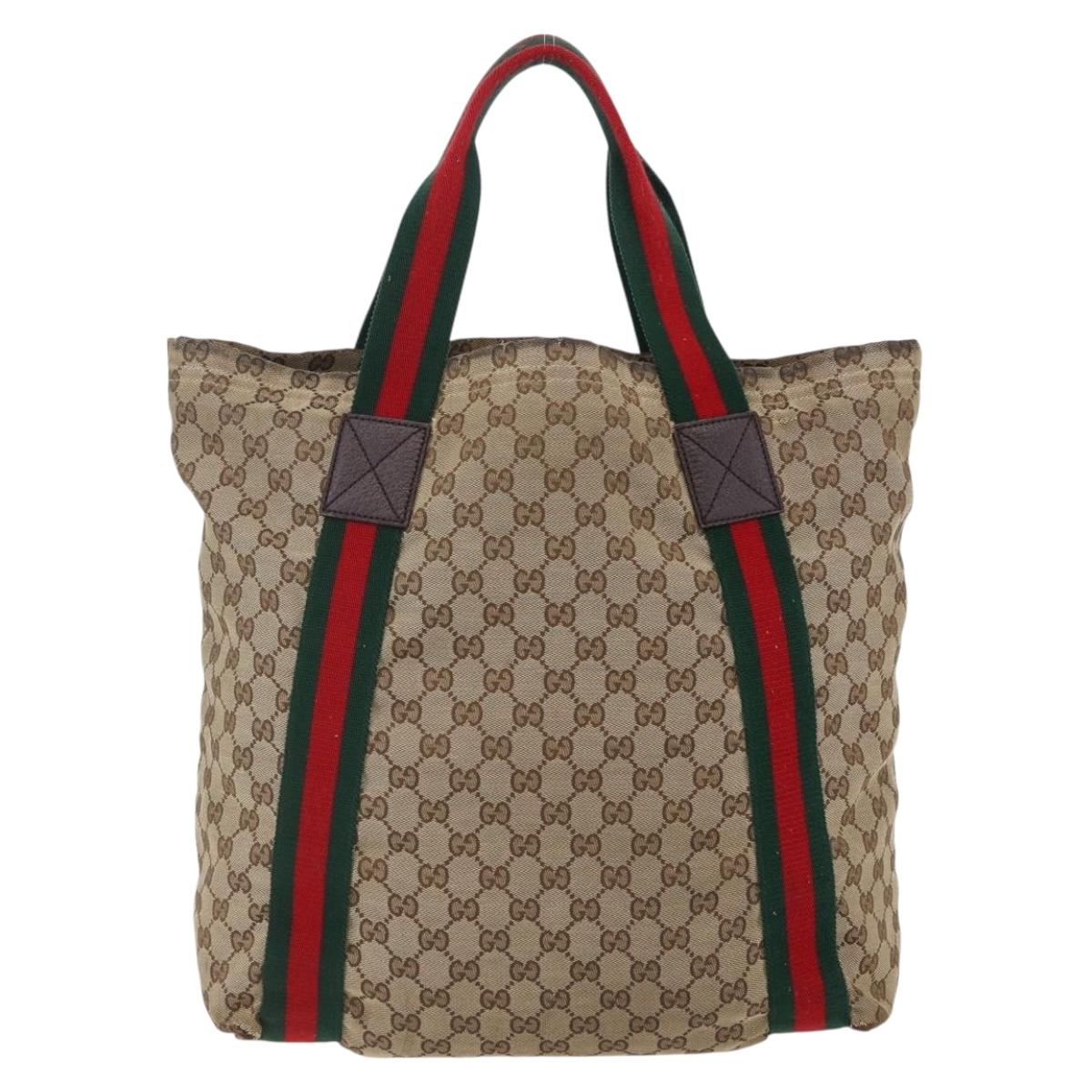 GUCCI GG Canvas Web Sherry Line Tote Bag Beige Red Green 189669 Auth 150943
