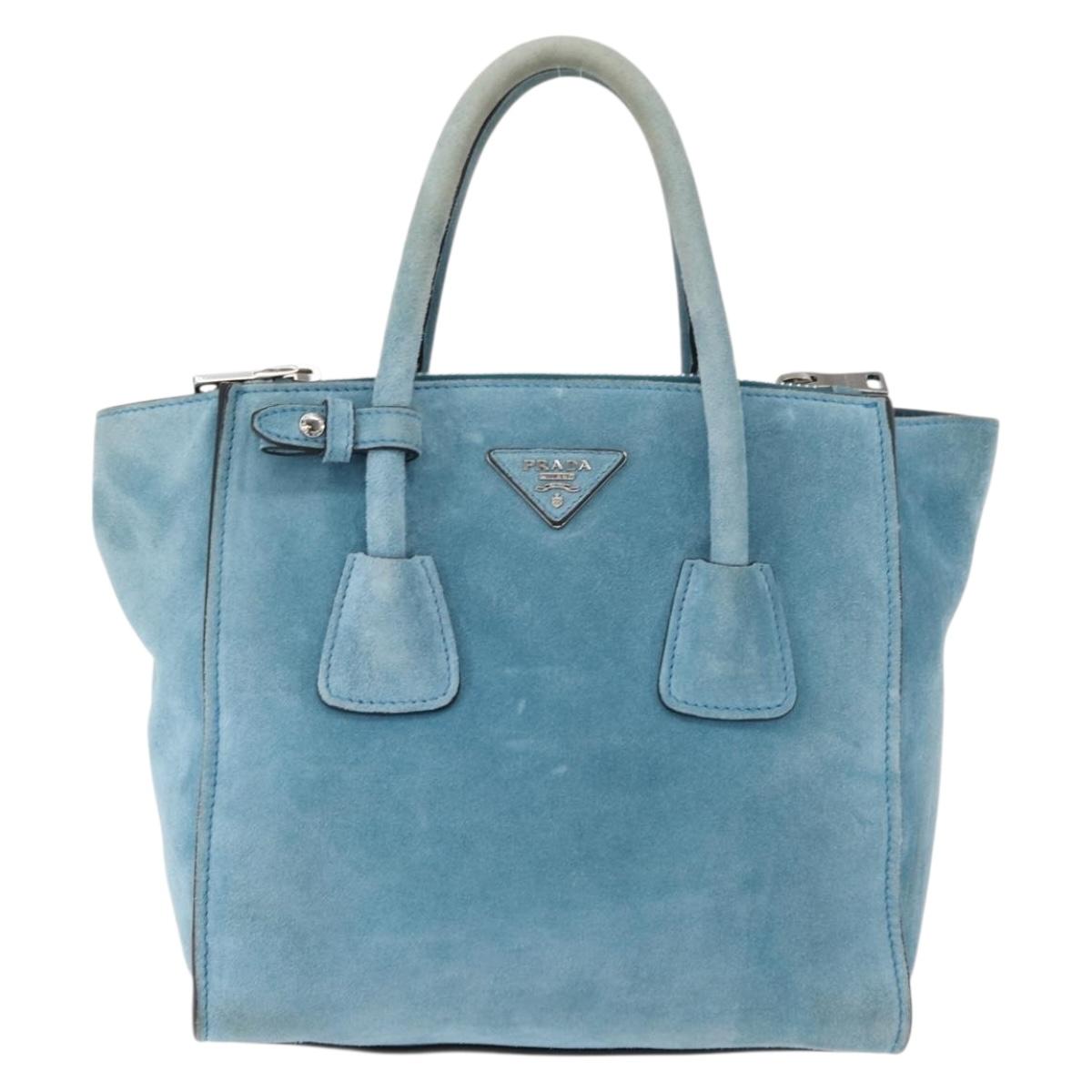 PRADA Hand Bag Suede 2way Turquoise Blue Silver BN2625 Auth 150950