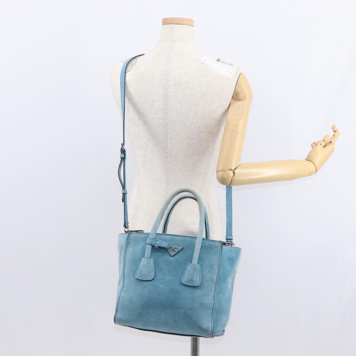 PRADA Hand Bag Suede 2way Turquoise Blue Silver BN2625 Auth 150950