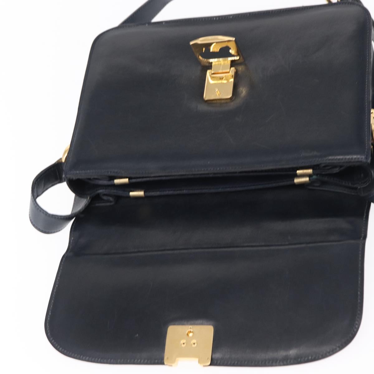 CELINE Horse Carriage Shoulder Bag Leather Navy Gold Auth 150952