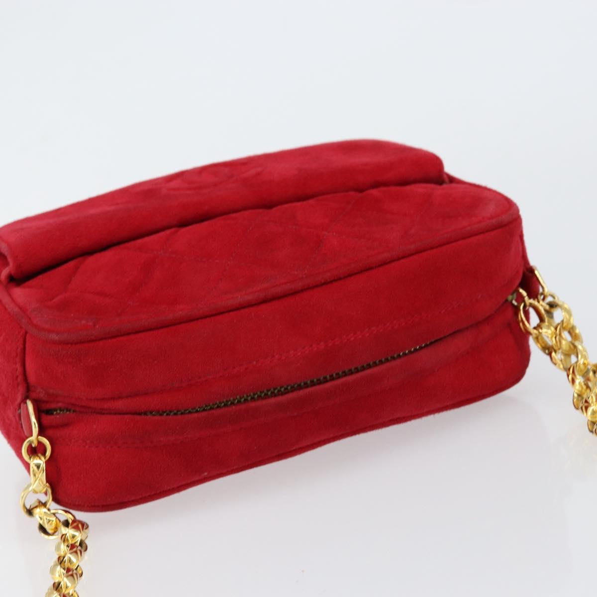 CHANEL Matelasse Chain Shoulder Bag Suede Red Gold CC Auth 150966
