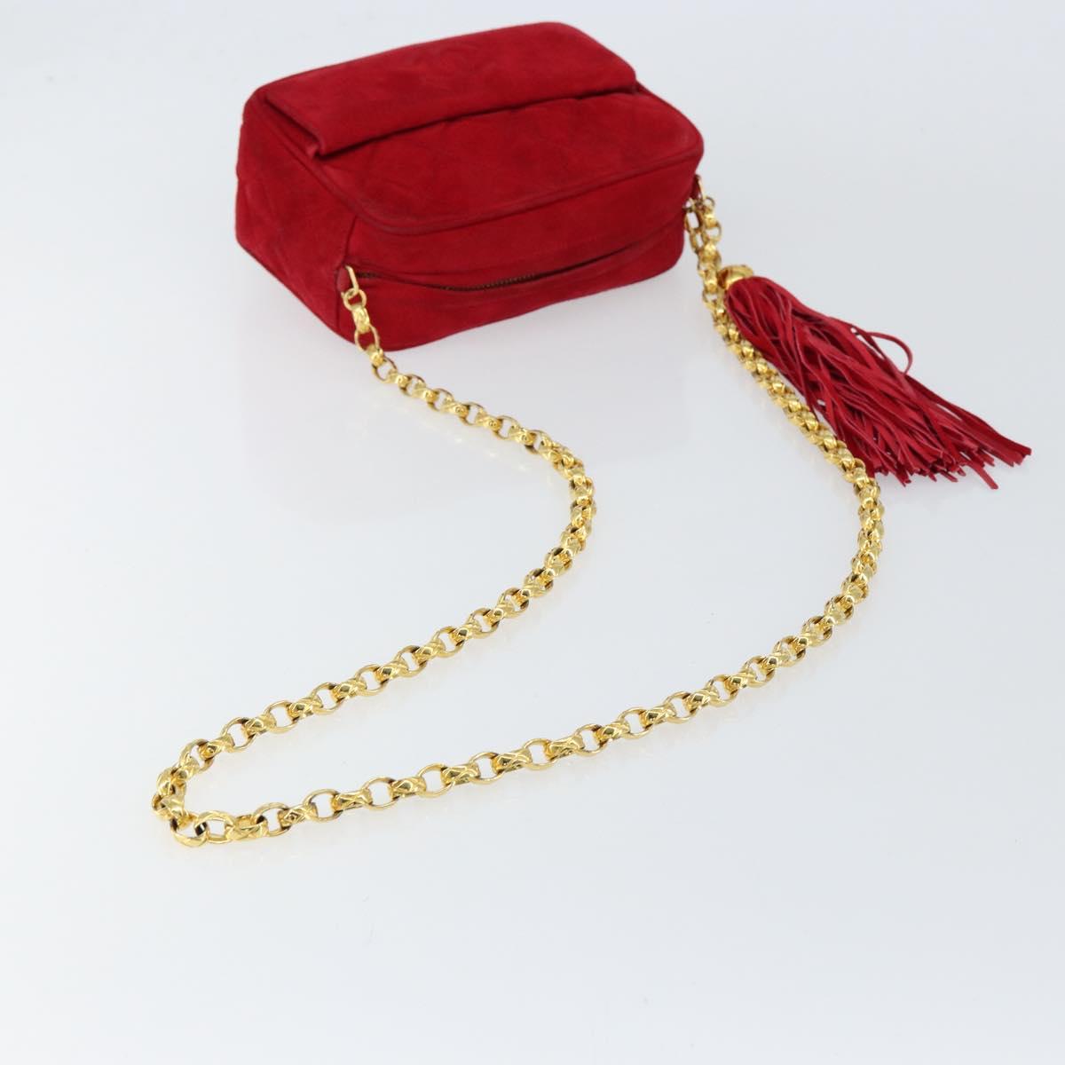 CHANEL Matelasse Chain Shoulder Bag Suede Red Gold CC Auth 150966