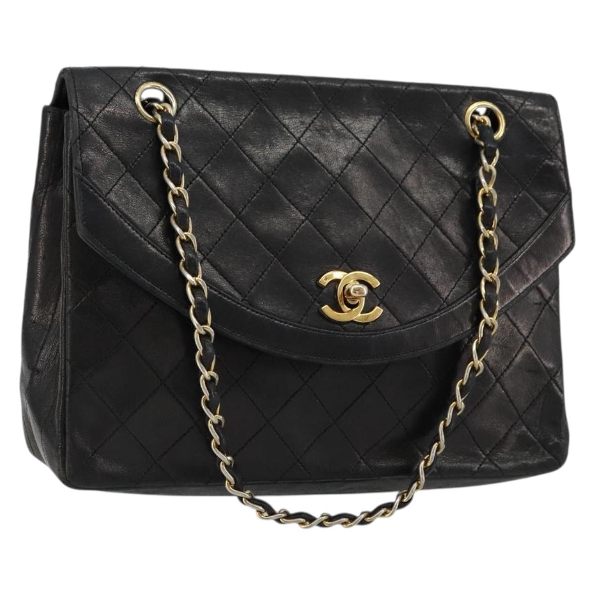 CHANEL Matelasse Chain Shoulder Bag Lamb Skin Black Gold CC Auth 150968