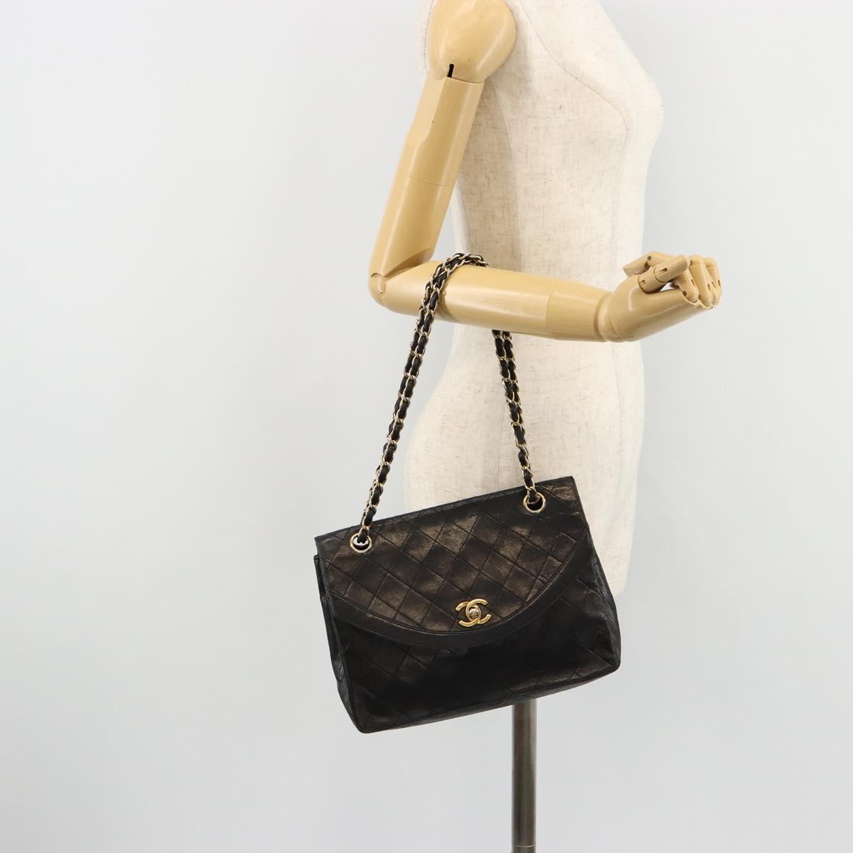 CHANEL Matelasse Chain Shoulder Bag Lamb Skin Black Gold CC Auth 150968