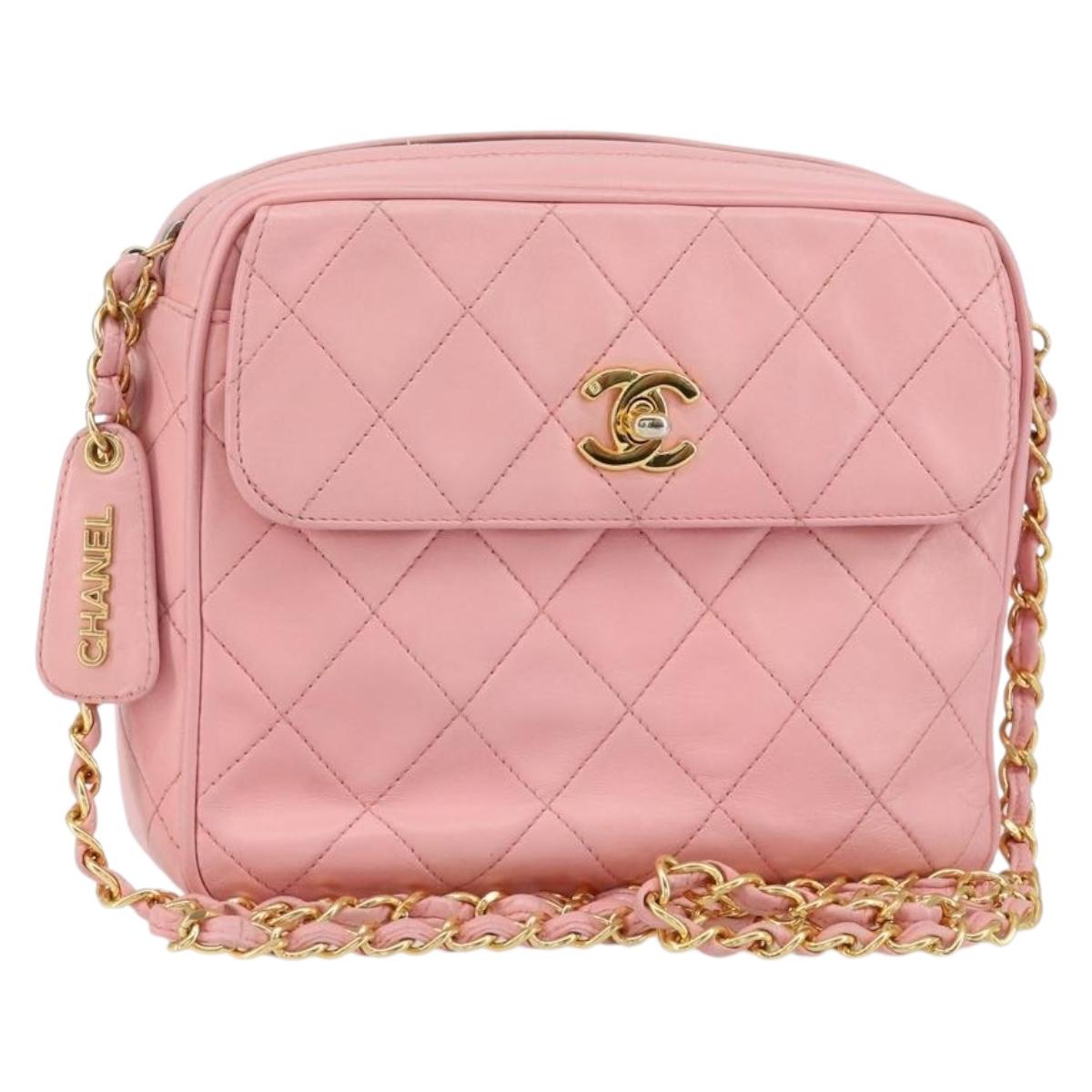 CHANEL Matelasse Chain Shoulder Bag Lamb Skin Pink Gold CC Auth 150982