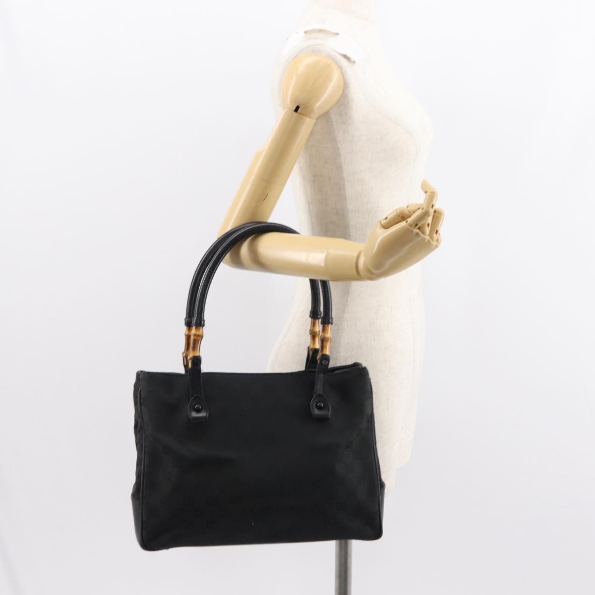 GUCCI GG Canvas Bamboo Tote Bag Black Silver Auth 151015
