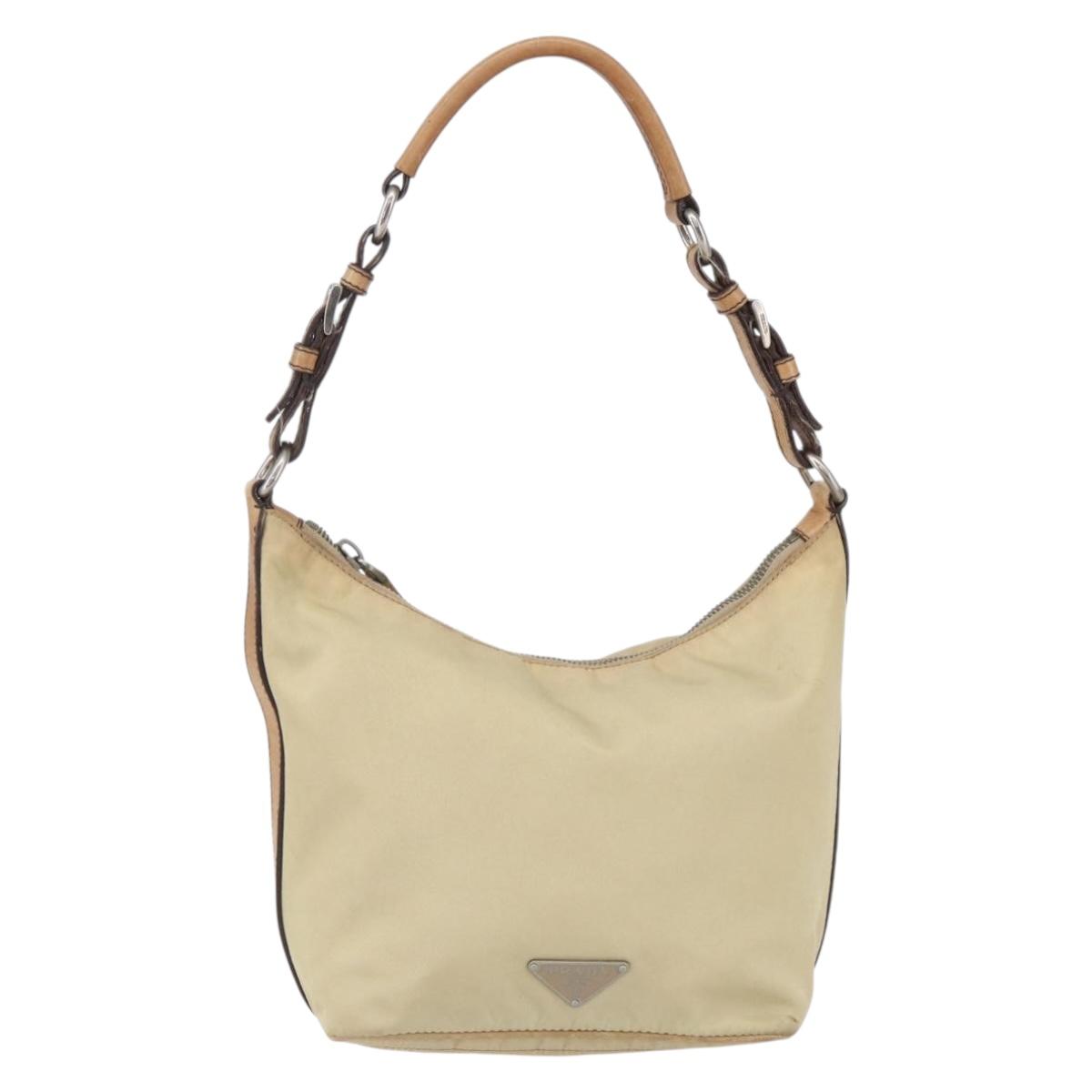 PRADA Shoulder Bag Nylon Beige Silver Auth 151025