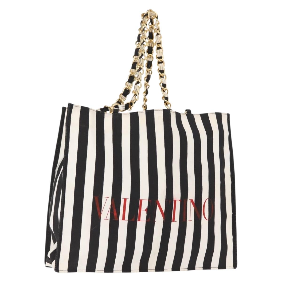 VALENTINO Chain Tote Bag Canvas Black White Auth 151029