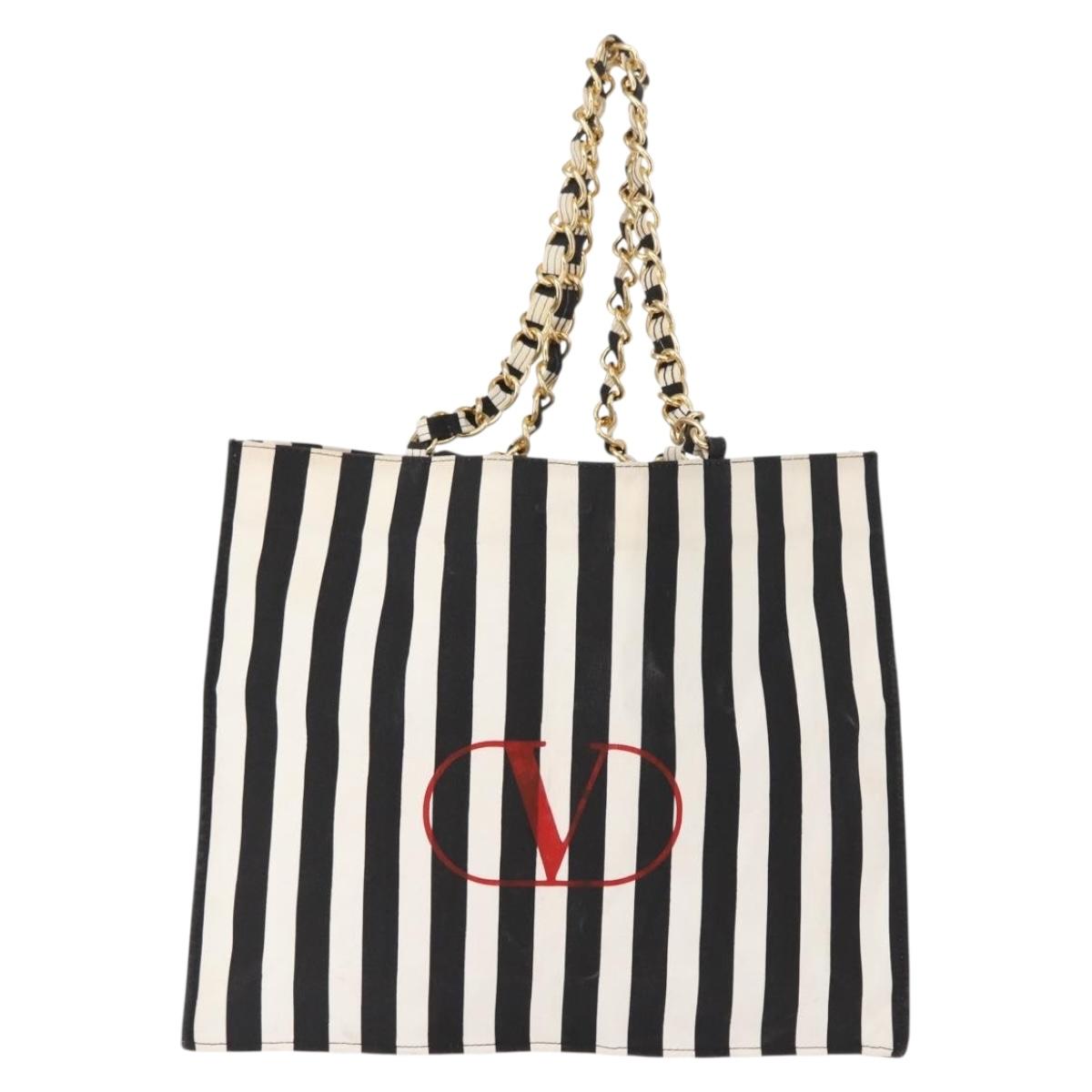 VALENTINO Chain Tote Bag Canvas Black White Auth 151029