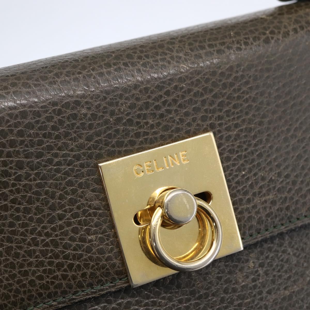 CELINE Hand Bag Leather Khaki Gold Auth 151041
