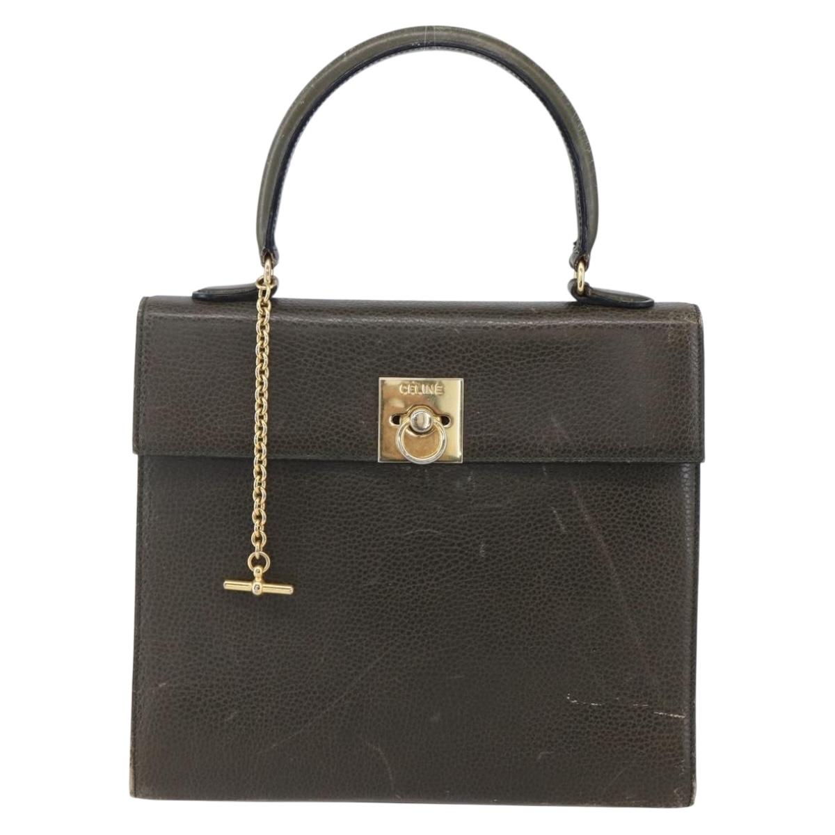 CELINE Hand Bag Leather Khaki Gold Auth 151041
