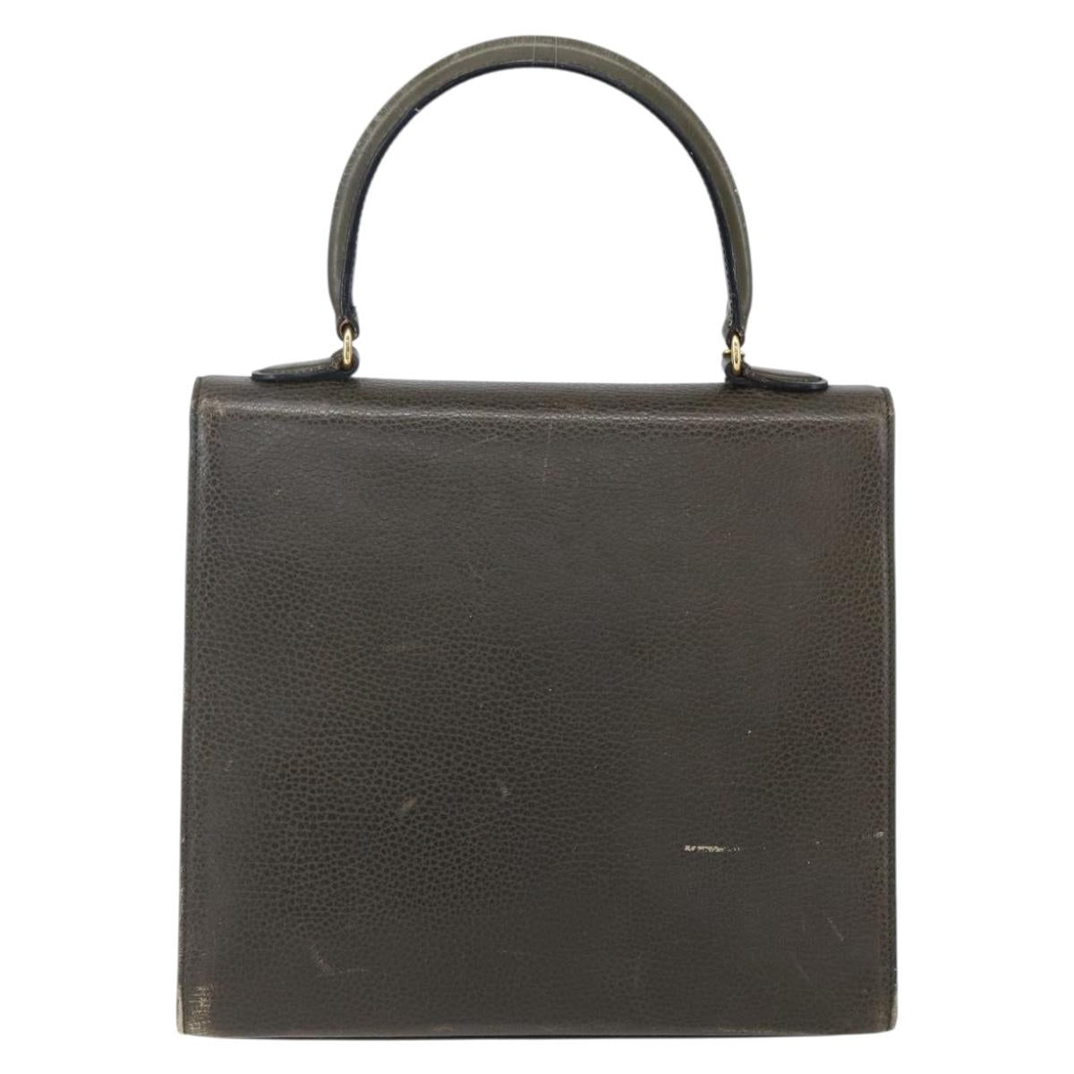 CELINE Hand Bag Leather Khaki Gold Auth 151041