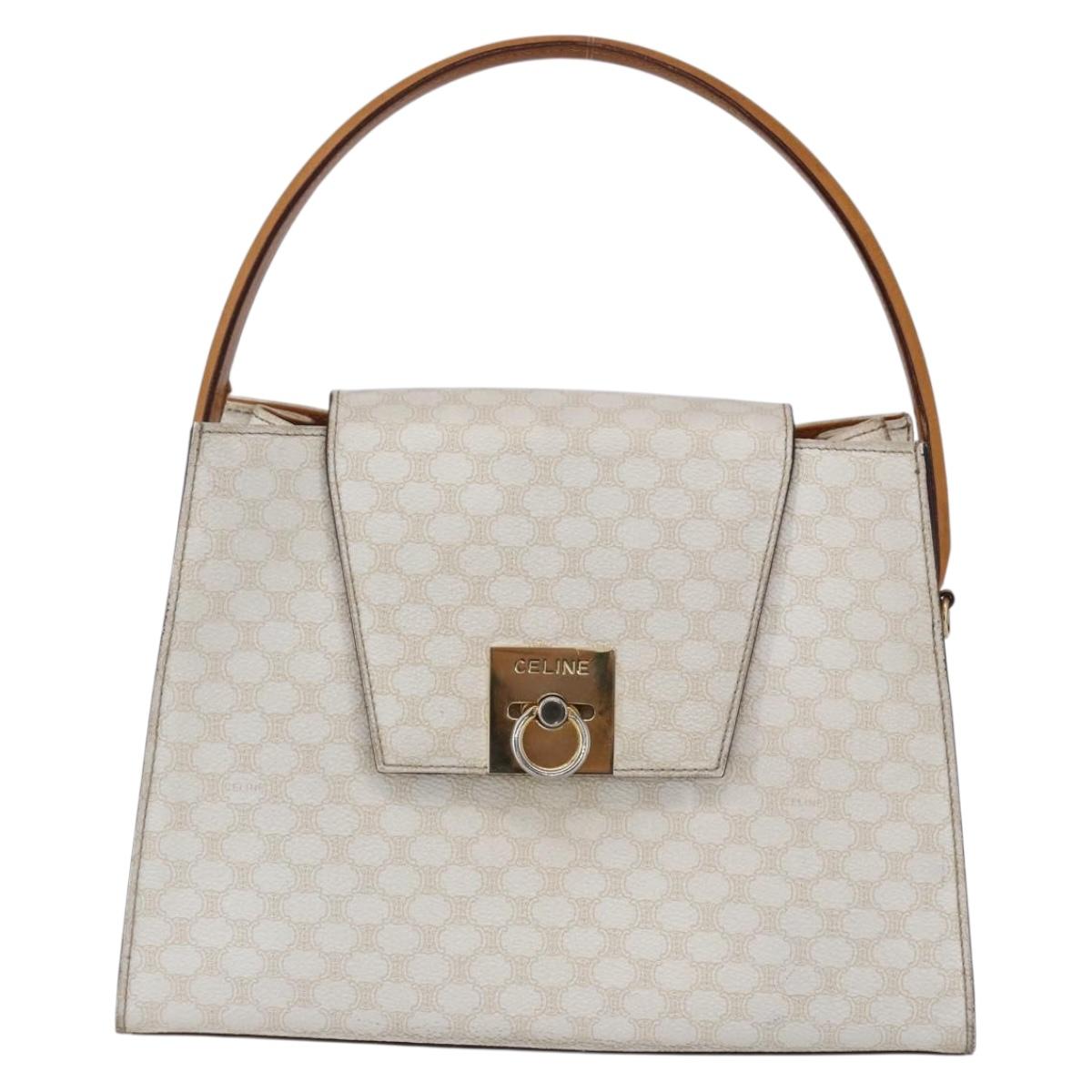 CELINE Macadam Canvas Boston Bag PVC Leather White Gold Auth 151042
