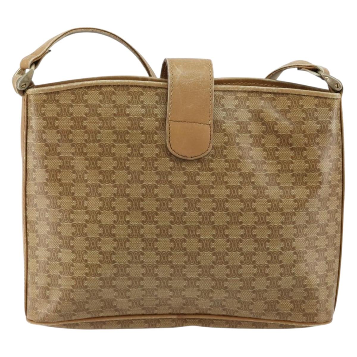 CELINE Macadam Canvas Shoulder Bag PVC Beige Gold Auth 151047