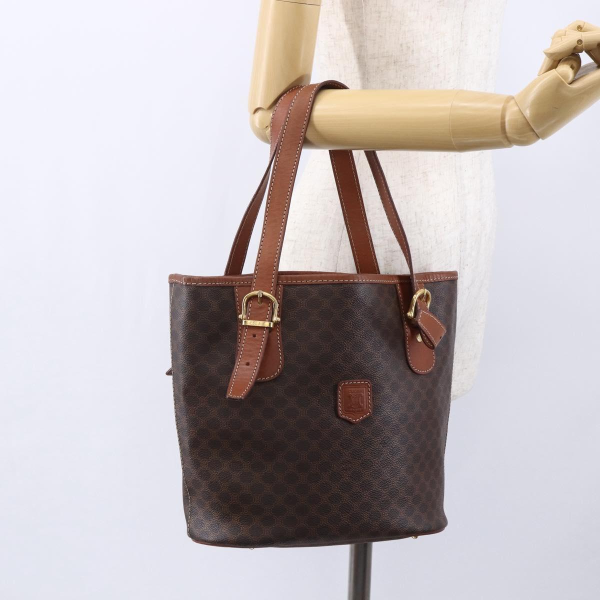 CELINE Macadam Canvas Tote Bag PVC Leather Brown Gold Auth 151049