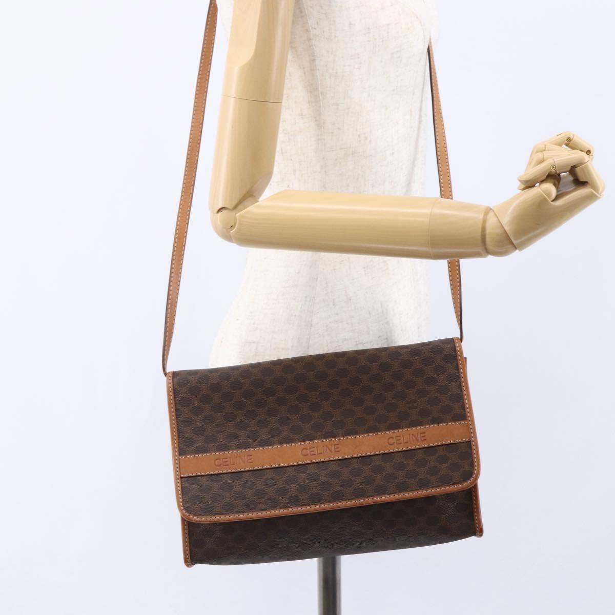 CELINE Macadam Canvas Shoulder Bag PVC Leather Brown Gold Auth 151050