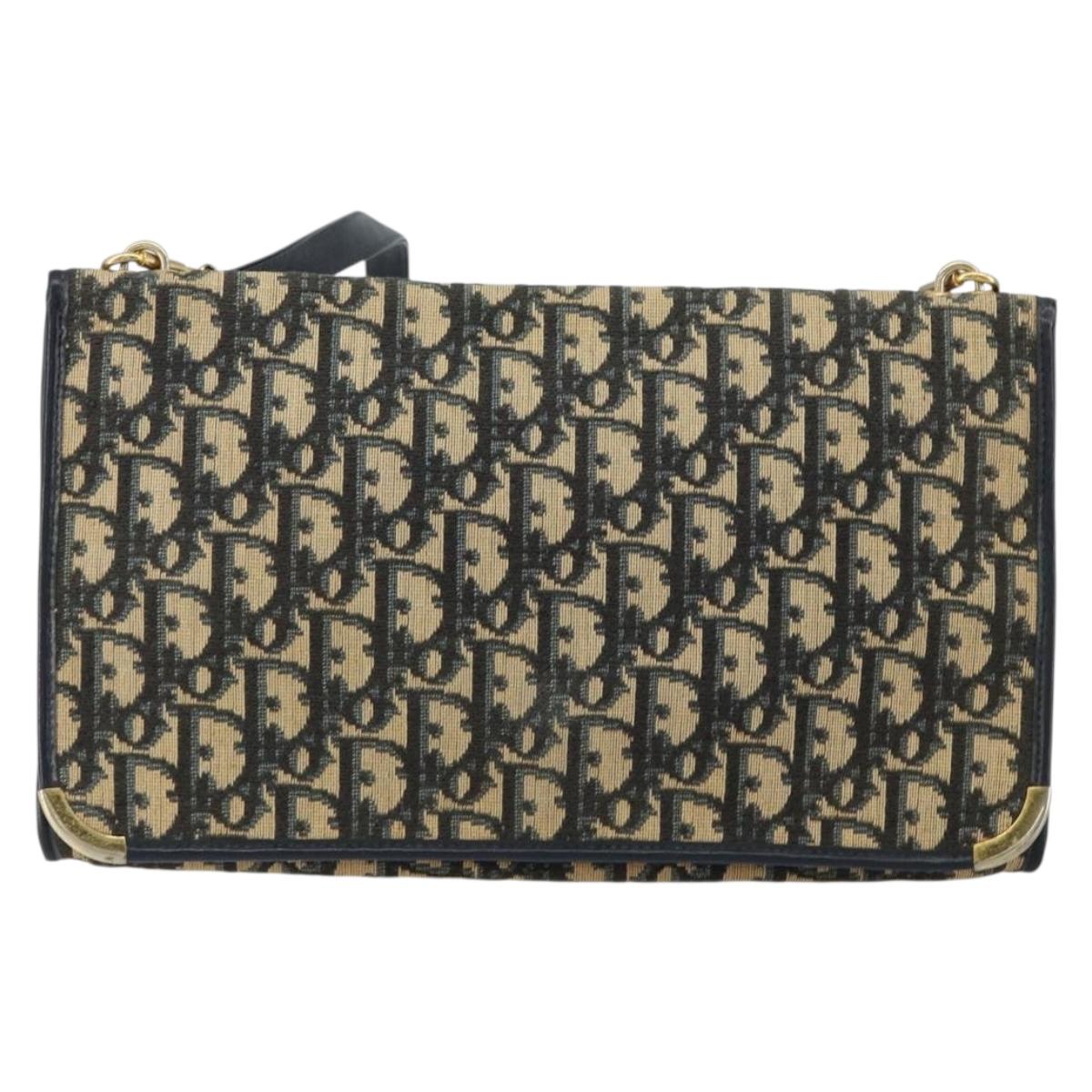 Christian Dior Trotter Canvas Shoulder Bag Navy Gold Auth 151054