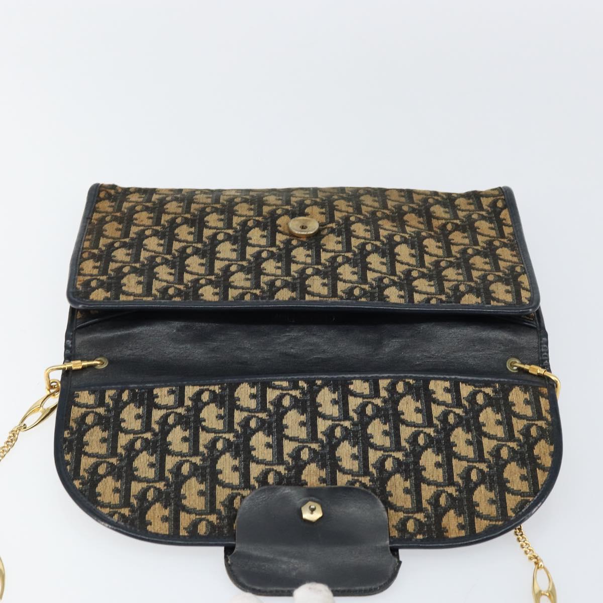 Christian Dior Trotter Canvas Chain Shoulder Bag Navy Gold Auth 151055