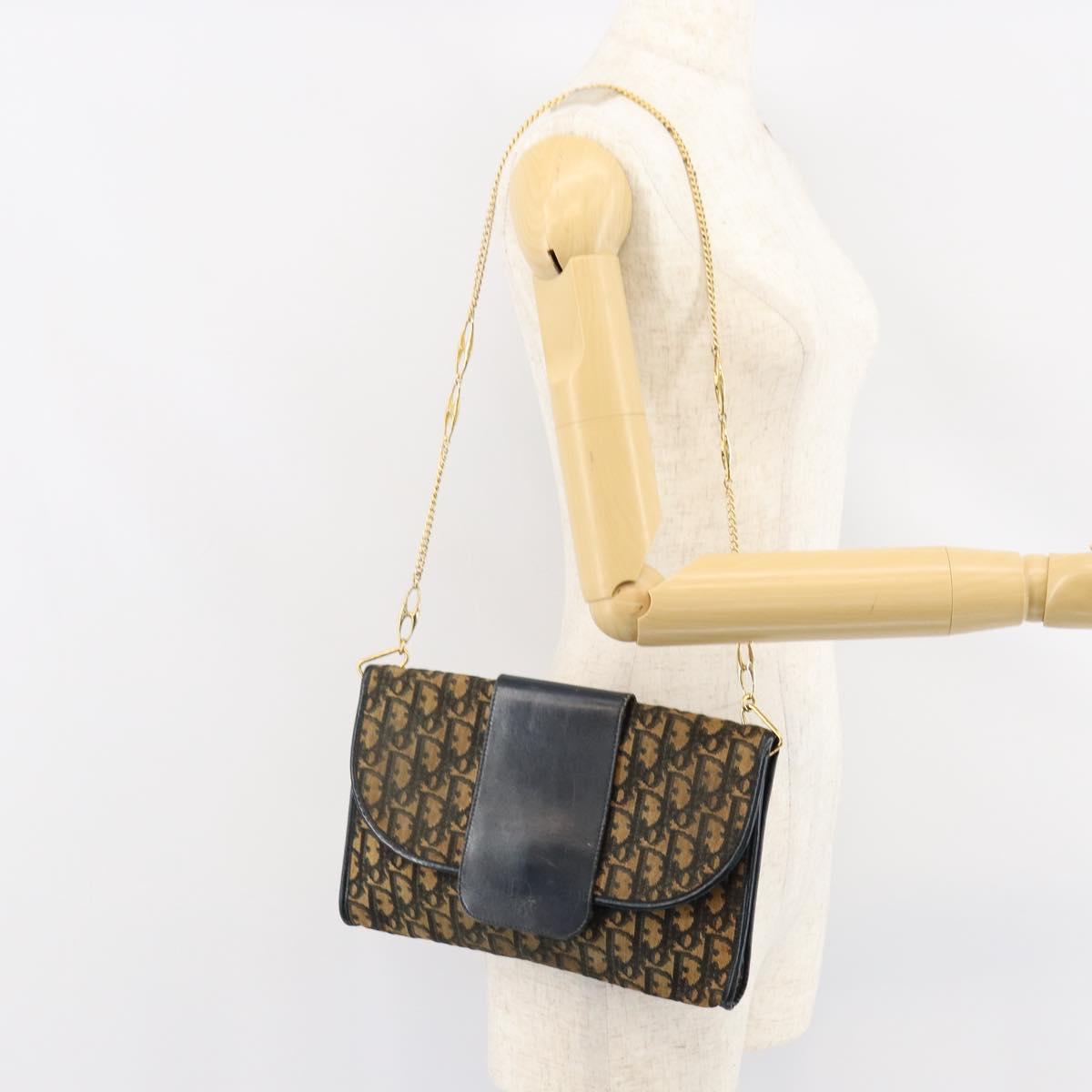 Christian Dior Trotter Canvas Chain Shoulder Bag Navy Gold Auth 151055