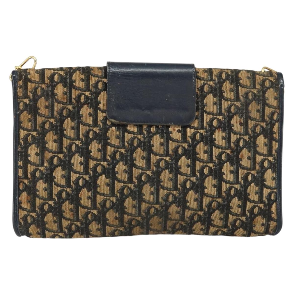 Christian Dior Trotter Canvas Chain Shoulder Bag Navy Gold Auth 151055