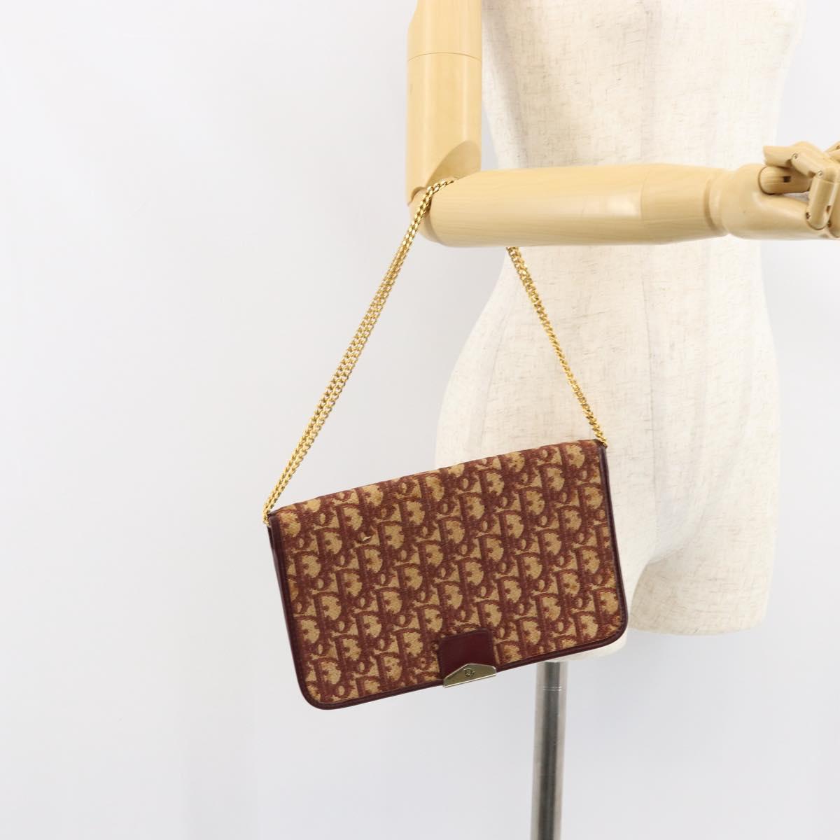 Christian Dior Trotter Canvas Chain Shoulder Bag Red Gold Auth 151057