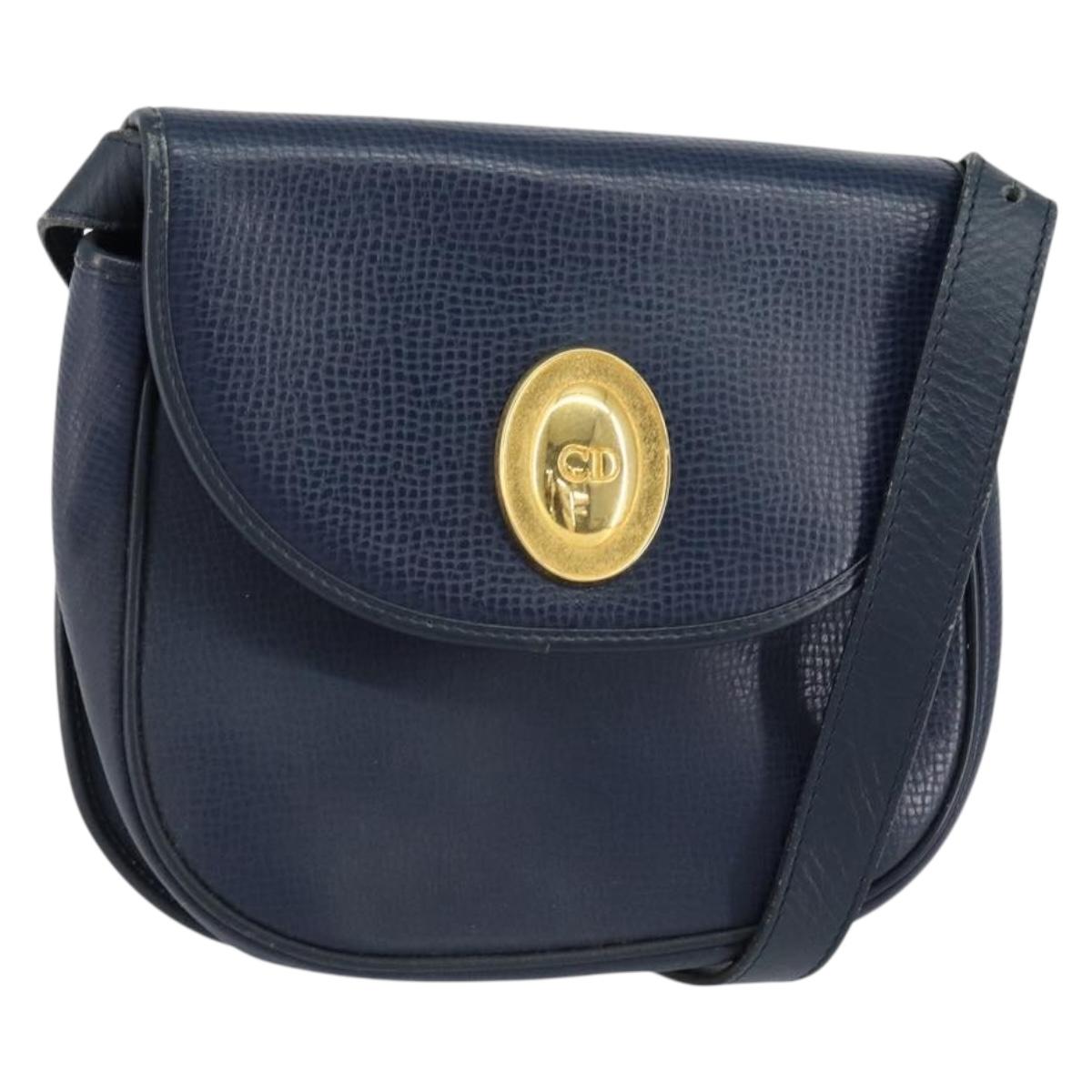Christian Dior Shoulder Bag Leather Navy Gold Auth 151060