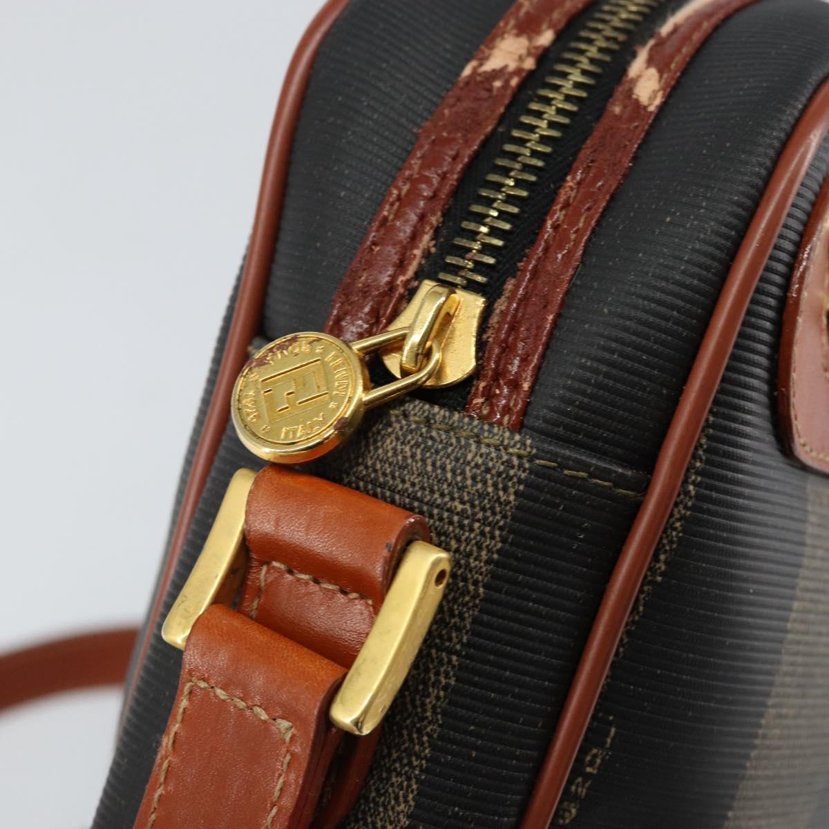 FENDI Pecan Canvas Shoulder Bag PVC Black Brown gold Auth 151064