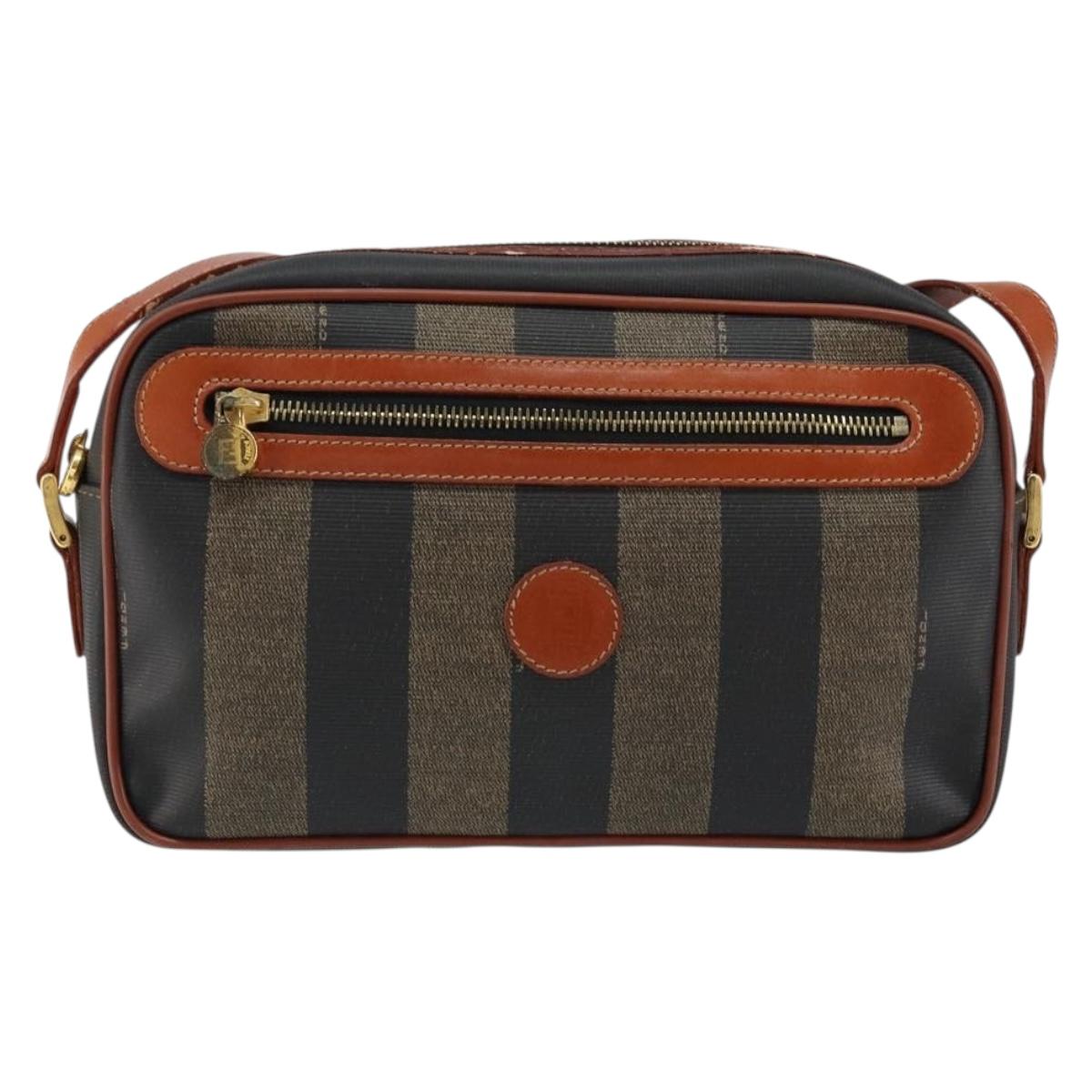 FENDI Pecan Canvas Shoulder Bag PVC Black Brown gold Auth 151064