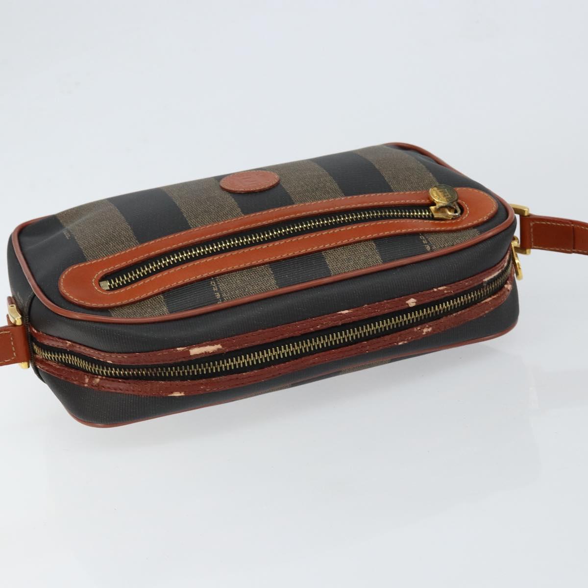 FENDI Pecan Canvas Shoulder Bag PVC Black Brown gold Auth 151064