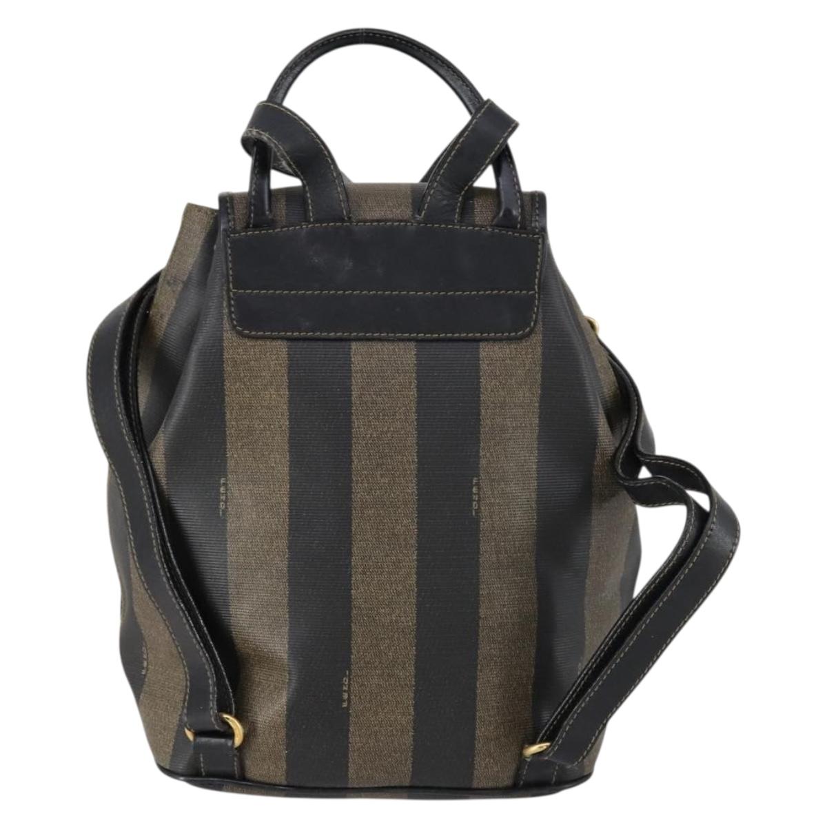 FENDI Pecan Canvas Backpack PVC Brown Black gold Auth 151065