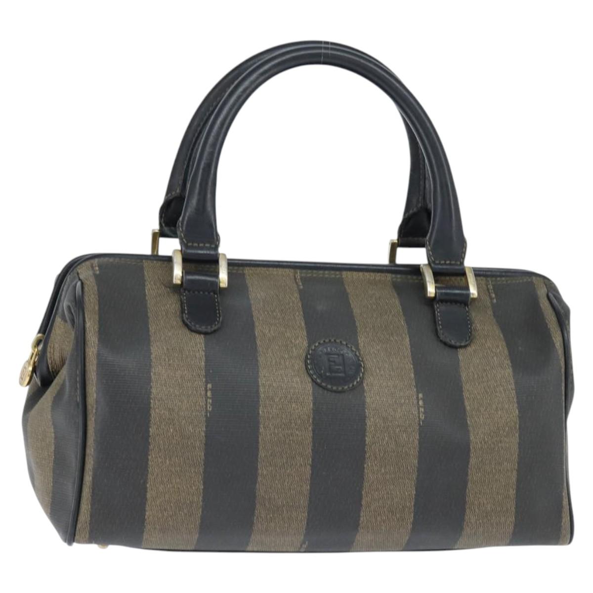 FENDI Pecan Canvas Boston Bag PVC Black Brown gold Auth 151068