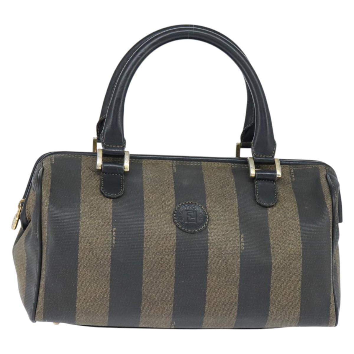 FENDI Pecan Canvas Boston Bag PVC Black Brown gold Auth 151068